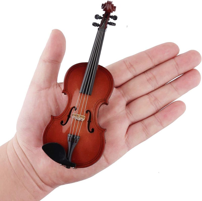 Dselvgvu Miniature Violin with Stand,Bow and Case Mini Musical Instrument Miniature Dollhouse Model Home Decoration (3.15"x1.18"x0.59") - Image 2